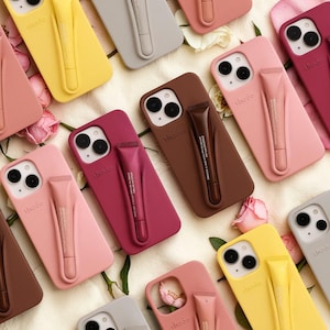 リップグロスホルダー付きiPhoneケース、女性に人気のギフト、リップバーム付きシリコンケース