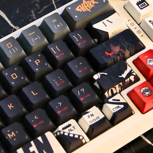 May include: Close-up of a mechanical keyboard with custom keycaps. The keycaps are primarily dark blue with orange and white lettering and symbols. Some keycaps feature anime-style illustrations. The keyboard has a white frame.