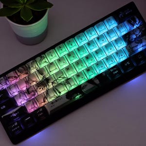 May include: A black mechanical keyboard with backlit keys displaying a gradient of colors. The keycaps feature Japanese characters and anime-style illustrations. A small potted plant is visible in the background.