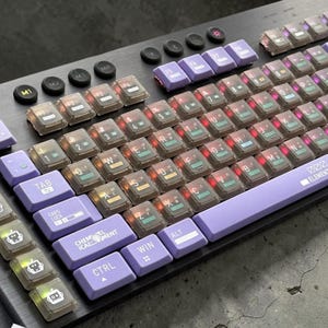 Può includere: Una tastiera meccanica con telaio nero e tasti traslucidi. La tastiera presenta tasti di accento viola e una varietà di simboli e lettere. I tasti sono retroilluminati con una luce calda e la tastiera ha un design elegante e moderno.