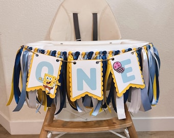 Banner kinderstoel - SpongeBob Squarepants-feest, Under the Sea Jellyfish 1e verjaardag Cake Smash Blauwgele zee Thema Stoeldecoratie