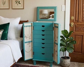 Cabby Standing Jewelry Armoire – Fully Locking Wood Jewelry Storage with Mirror, 7 Drawers