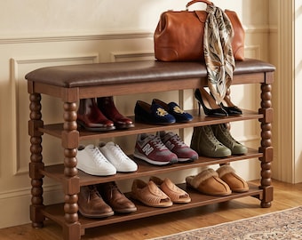 Wooden Entryway Shoe Storage Bench with Cushioned Seat and Multi-Tier Shelves