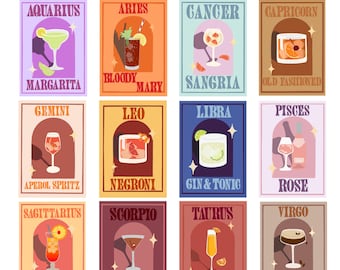 12 Zodiac Cocktail Printable Wall Art Bundle | Astrology Print | Instant Download