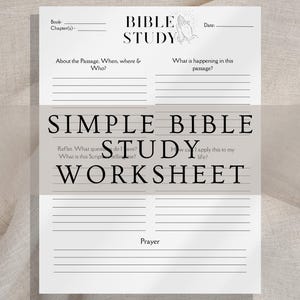 Puede incluir: Una hoja de trabajo de estudio bíblico blanca con texto negro. La parte superior de la página dice "ESTUDIO BÍBLICO" con espacio para el libro y el capítulo. La hoja de trabajo incluye indicaciones para la reflexión y la oración.
