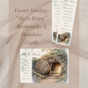 Puede incluir: Marcapáginas y tarjetas de mano del Domingo de Pascua 'He Is Risen'. Las tarjetas presentan ilustraciones en acuarela de una tumba abierta y texto de Juan 11:25. El diseño incluye las palabras "He Is Risen" y "Descarga instantánea | Pdf imprimible".