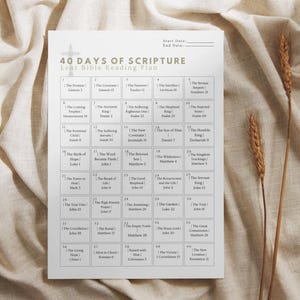 May include: A white paper with a 40 Days of Scripture Lent Bible Reading Plan. The text is in black and includes a grid of boxes with Bible verses. The paper is on a beige fabric background.