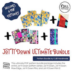 Puede incluir: Un paquete de descarga digital de cuatro patrones de costura PDF para una variedad de bolsas con cremallera. Los patrones se llaman "Jot It Down Ultimate Bundle" e incluyen los patrones Jot It Down, Jot It Down Raw Edge, Jot It Down Mini y Jot It Down Mini 2. La imagen muestra ejemplos de las bolsas terminadas en varias telas.