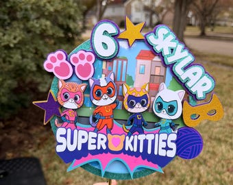 Adorno para tarta de Super Kitties personalizado / Decoración personalizada para fiesta de cumpleaños