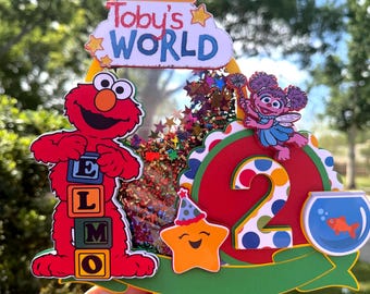 Adorno para pastel de Elmo / Decoraciones personalizadas de cumpleaños de Barrio Sésamo (Nombre y edad) Cajas de dulces/regalos de Elmo