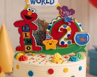 Elmo Cake Topper | Personalized Sesame Street Birthday Decorations (Name & Age) Elmo Gabble/treat boxes