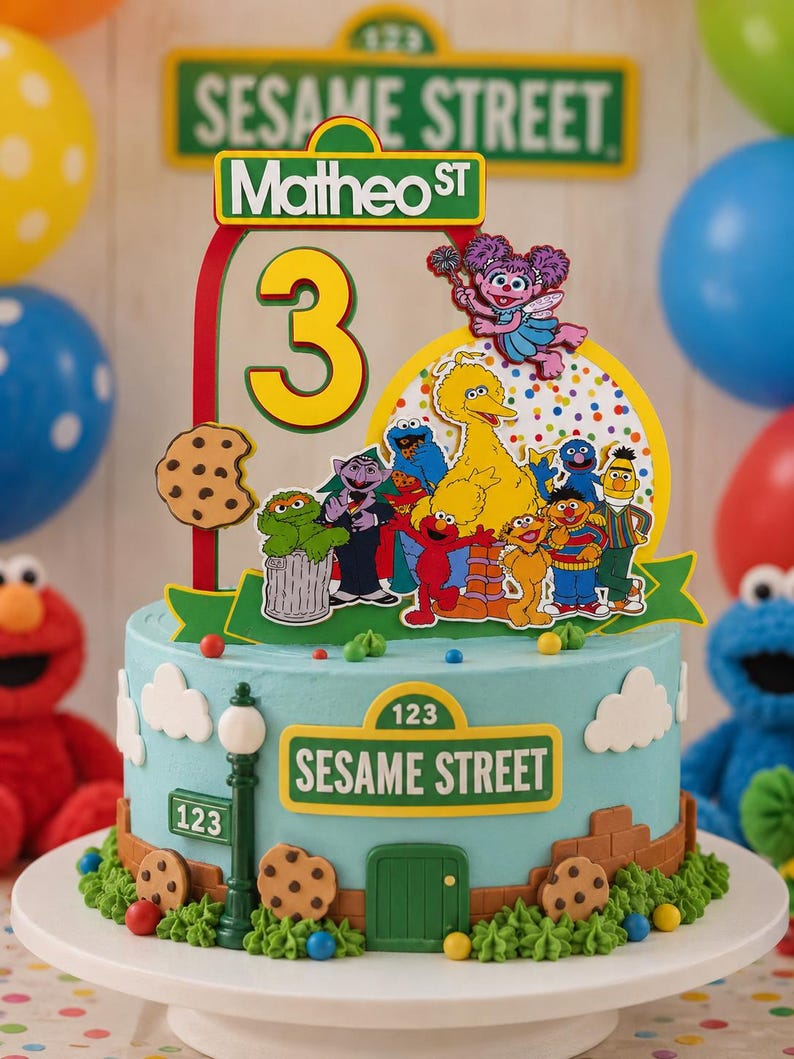 May include: A light blue Sesame Street themed birthday cake with a number 3 and Sesame Street characters. The cake has a green and brown base with cookies and a street sign. Balloons in the background.