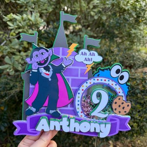 Sesame Street Birthday Cake Topper, Count von Count & Cookie Monster, Personalized Shaker Number
