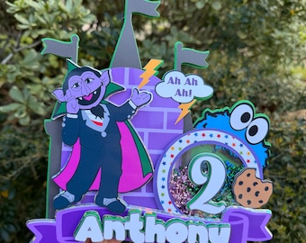 Sesame Street Birthday Cake Topper, Count von Count & Cookie Monster, Personalized Shaker Number
