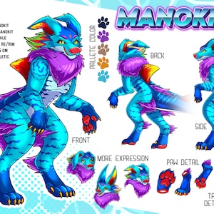 May include: A digital character reference sheet for a Manokit featuring a blue and cyan creature with purple fur, a shark-like tail, and yellow accents. The sheet displays front, back, and side views, facial expressions, paw details, and a color palette.
