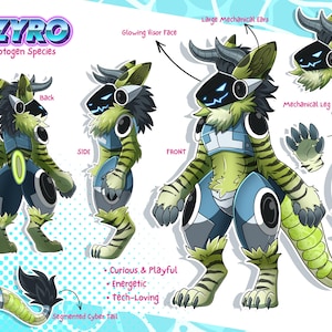 Zlecenie na zamówienie arkusza referencyjnego Furry, arkusz referencyjny Fursony, grafika arkusza postaci Anthro, zlecenie cyfrowe arkusza referencyjnego fursuitu Protogen