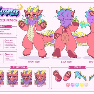 Könnte beinhalten: Ein Charakter-Referenzblatt für einen rosa Hirsch-Drachen-Hybriden namens Sylvorn, mit Vorder-, Rück- und Seitenansicht, vier Gesichtsausdrücken sowie Detailansichten von Pfotenballen und Flügeln auf hellrosa Hintergrund mit Text.