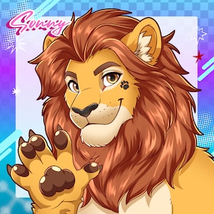 May include: A cartoon illustration of a lion with a friendly expression, waving its paw. The lion has a golden-yellow face and a brown mane. The word "Sunny" is written in pink script at the top left corner. A paw print is on the lion's cheek.