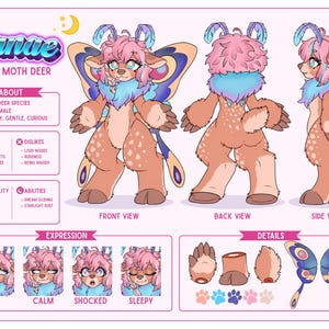 May include: A character reference sheet for a moth deer creature named Hanae. The illustration displays front, back, and side views of a brown, furry, deer-like being with pink hair, blue neck fur, and large moth wings. Includes facial expressions and details.