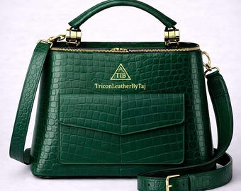 Bolso de mano de piel con relieve de cocodrilo verde / Bolso de mano con cremallera y bandolera