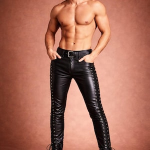 Men's Genuine Leather Lace-Up Pants, Slim Fit Biker Trousers, Gothic Punk Style