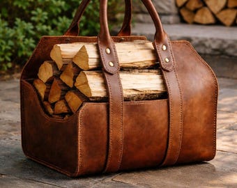 Handmade Full-Grain Leather Firewood Carrier – Rustic Farmhouse Tote
