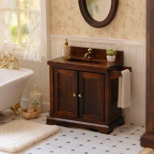 1:12 Miniature Wooden Bathroom Vanity, Dollhouse Sink Cabinet, Retro Faucet, Brass Knobs