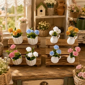 Miniatyrkrukväxter i skala 1:12, tillbehör till dockhusträdgård, realistiska blommodeller