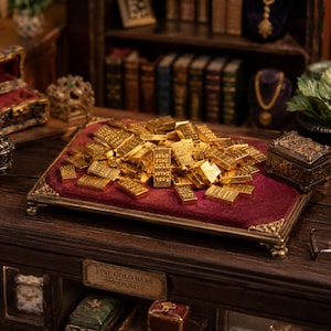 May include: A collection of small rectangular gold bars stacked on a rectangular tray with a deep red velvet surface. One central bar is upright, clearly displaying the text 999.9 FINE GOLD NETWT 100g. The tray features ornate metallic corner accents.