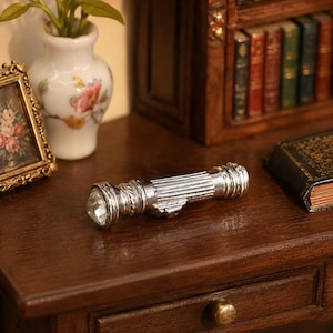 Miniature Vintage Silver Metal Flashlight, Dollhouse Garage Tool Accessory