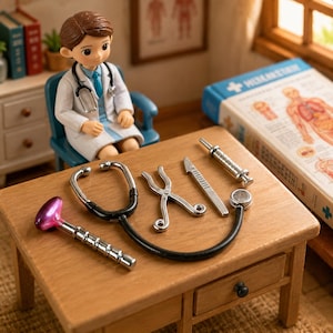 Miniatyrmedicinskt verktygsset i skala 1:12, läkartillbehör i pressgjuten metall