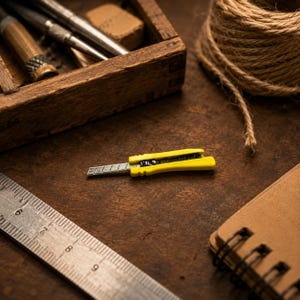 Puede incluir: Un pequeño cúter amarillo con una hoja de metal retráctil situada en el centro. La herramienta cuenta con un mango de plástico amarillo brillante con un mecanismo deslizante y una hoja de acero segmentada. Es un instrumento de corte compacto.
