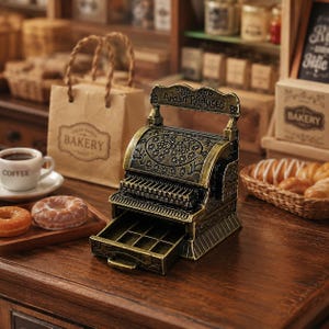 Puede incluir: Una caja registradora en miniatura de latón de estilo antiguo con una parte superior ornamentada con relieve floral, una fila de teclas y un cajón de efectivo abierto con varios compartimentos. El letrero superior muestra el texto Amount Purchased.