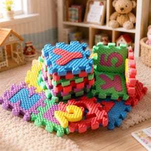 May include: A collection of interlocking foam floor tiles featuring various letters and numbers in bright colors including red, blue, green, yellow, and purple. The tiles have a textured, grid-like surface and are arranged in a stack and flat layout.