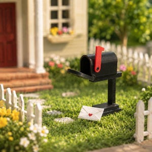 Pode incluir: Uma caixa de correio preta em miniatura num poste com uma bandeira vermelha brilhante na posição vertical. Um pequeno envelope branco com uma ilustração de um minúsculo coração vermelho repousa na relva verde sob a porta aberta.