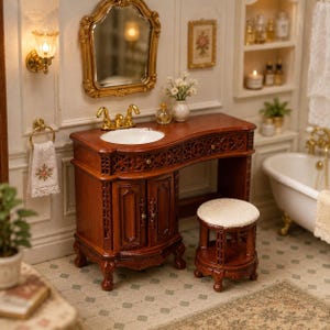 Miniature Bathroom Vanity 1 12, Dollhouse Wooden Sink Cabinet, Tiny Opening Drawer Dressing Table
