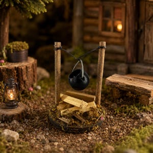 May include: Miniature black cauldron hanging from a wooden frame, with a pile of firewood at the base. The scene is set in a forest with a rustic cabin in the background, and a lit lantern on a tree stump. A charming, whimsical scene.