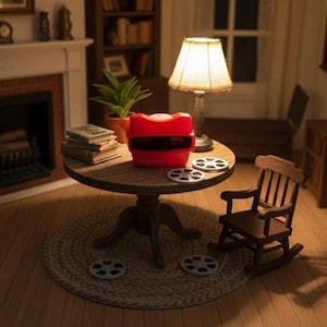 Puede incluir: Escena en miniatura con un visor rojo sobre una mesa redonda de madera, acompañada de una lámpara, libros y carretes de película. Una pequeña mecedora está situada cerca. La escena está ambientada en una habitación acogedora y poco iluminada con chimenea y estantería.