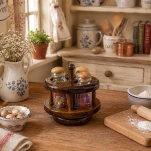 May include: A miniature wooden spice rack with four glass jars, each topped with a cork lid. The jars contain colorful beads and other small items. The rack sits on a wooden surface, with other miniature kitchen items in the background.