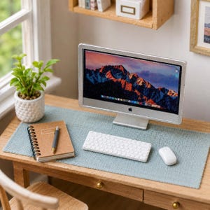 May include: A miniature silver computer monitor with a mountain landscape screen, a white wireless keyboard, and a white computer mouse. A brown spiral-bound notebook with a grey pen rests on a light blue textured desk mat on a wooden desk.