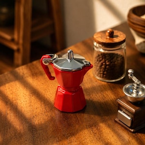 Puede incluir: Una cafetera moka roja con tapa de metal plateado y asa roja. La cafetera presenta una base octogonal y una tapa con bisagras con un pequeño pomo en la parte superior. El diseño es compacto y funcional, con un acabado rojo vibrante.