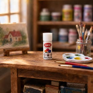 May include: A small white bottle of Rawing brand paint with a white cap, featuring a label with colorful circles and the text NET WT. 12 OZ / 344G. The bottle sits on a wooden table next to a white paint palette and two paintbrushes.