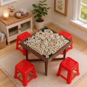 May include: A miniature square wooden table with a green felt surface covered in a pile of small white mahjong tiles featuring various red, green, and black symbols. The table is surrounded by four small, bright red plastic stools with perforated tops.