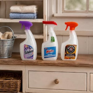 May include: Three white spray bottles with different coloured spray nozzles. The bottles are labelled "Fabuloso Power Degreaser", "Windex Original", and "Murphy Oil Soap Wood Cleaner Orange Oil". The bottles are on a wooden surface.