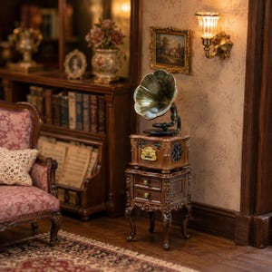 1:12 Scale Working Phonograph and Cabinet Set, Plays 3 Melodies