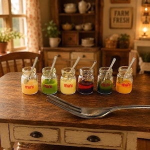 Miniature Jam Jars with Spoons, 1 12 Scale Dollhouse Food, Tiny Honey Pot Condiment, Micro Grocery Kitchen Pantry