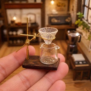 May include: A miniature coffee pour-over set featuring a clear glass dripper and a small glass carafe. The set is supported by a thin gold-toned metal stand mounted on a rectangular dark brown wooden base, designed for a dollhouse or display.