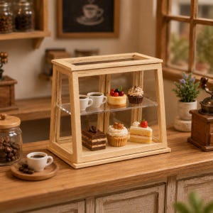 Houten bakkerijvitrine: 1:12, miniatuur cafétoonbank, vintage banketbakkerij