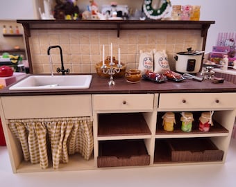 1:6 Scale Dollhouse Kitchen Island, Modern Farmhouse Sink with Running Water Effect
