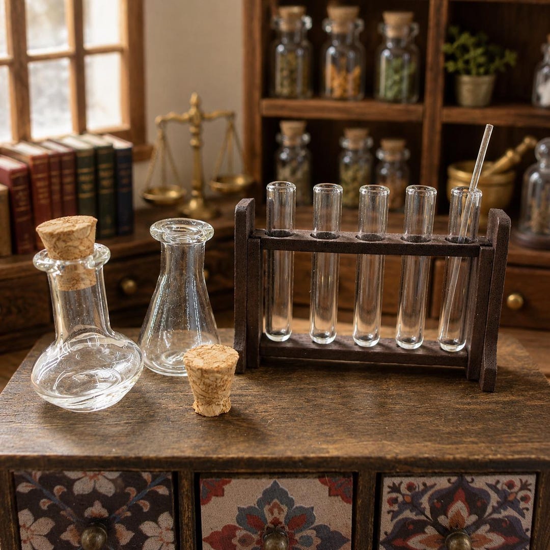 Two Beaker Rack 1:12 Scale Miniature Science Lab Set – Test Tubes, Beakers, Wood Rack ...